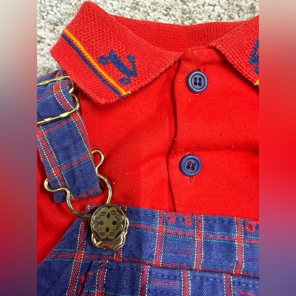 VINTAGE *RARE* OshKosh B'Gosh Vestbak Overalls & Shirt Blue Red Wagon - Picture 3 of 10
